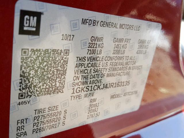 1GKS1CKJ4JR163135 - 2018 GMC YUKON DENA RED photo 10