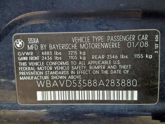 WBAVD53588A283880 - 2008 BMW 335 XI BLUE photo 10