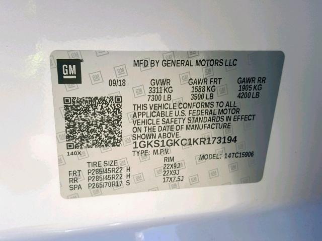 1GKS1GKC1KR173194 - 2019 GMC YUKON XL C WHITE photo 10