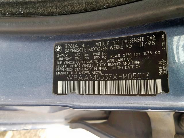 WBAAM5337XFR05013 - 1999 BMW 328 I AUTO BLUE photo 10