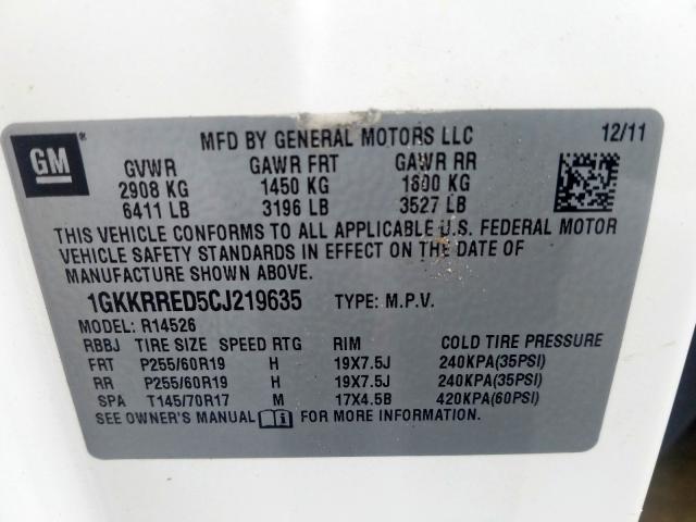 1GKKRRED5CJ219635 - 2012 GMC ACADIA SLT-1  photo 10