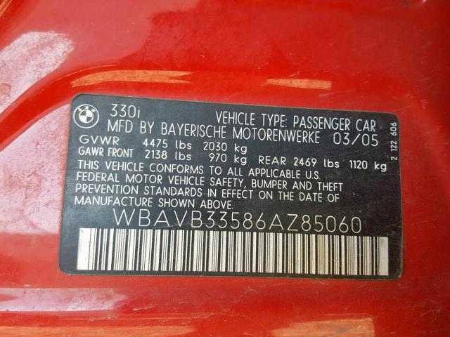 WBAVB33586AZ85060 - 2006 BMW 330 I RED photo 10