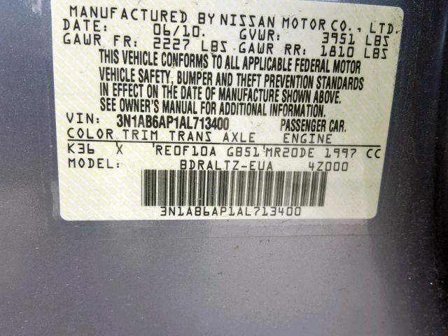 3N1AB6AP1AL713400 - 2010 NISSAN SENTRA 2.0 GRAY photo 10