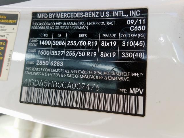 4JGDA5HB0CA007476 - 2012 MERCEDES-BENZ ML 350 4MATIC  photo 10