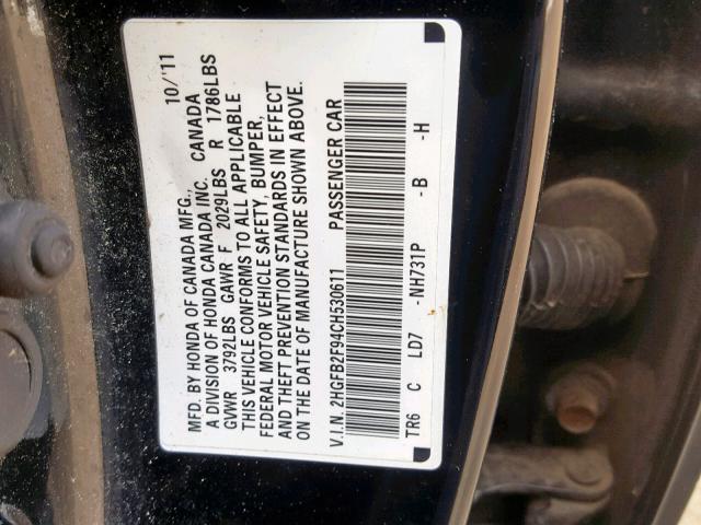 2HGFB2F94CH530611 - 2012 HONDA CIVIC EXL BLACK photo 10