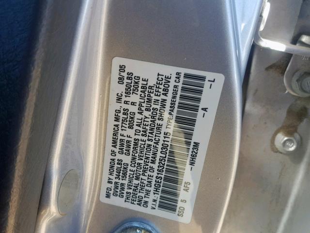 1HGES16325L030115 - 2005 HONDA CIVIC DX V SILVER photo 10