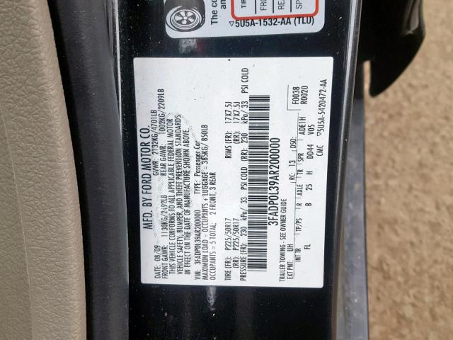 3FADP0L39AR200000 - 2010 FORD FUSION HYB BLACK photo 10