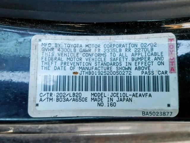 JTHBD192520050272 - 2002 LEXUS IS 300 BLACK photo 10