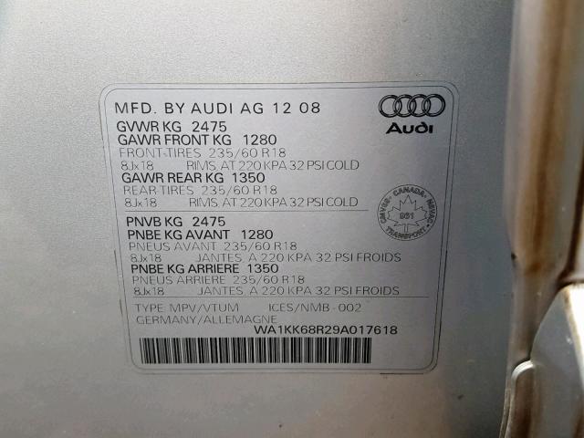 WA1KK68R29A017618 - 2009 AUDI Q5 3.2 SILVER photo 10