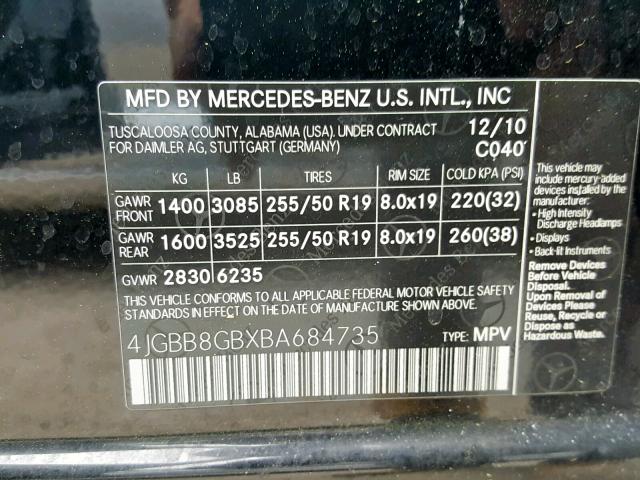 4JGBB8GBXBA684735 - 2011 MERCEDES-BENZ ML 350 4MA BLACK photo 10