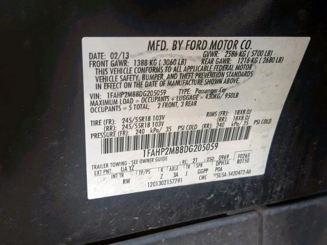 1FAHP2M88DG205059 - 2013 FORD TAURUS POL BLACK photo 10