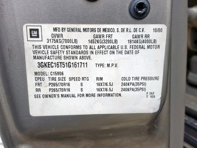 3GKEC16T51G161711 - 2001 GMC YUKON XL C TAN photo 10