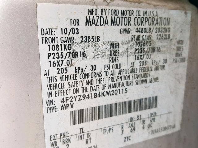 4F2YZ94184KM20115 - 2004 MAZDA TRIBUTE LX SILVER photo 10