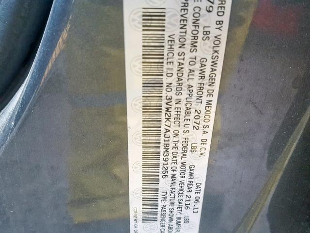 3VW2K7AJ1BM391255 - 2011 VOLKSWAGEN JETTA BASE GRAY photo 10