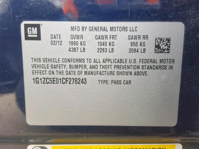 1G1ZC5E01CF278243 - 2012 CHEVROLET MALIBU 1LT 蓝色 照片 10