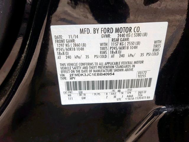 2FMDK3JC1EBB40954 - 2014 FORD EDGE SEL BLACK photo 10