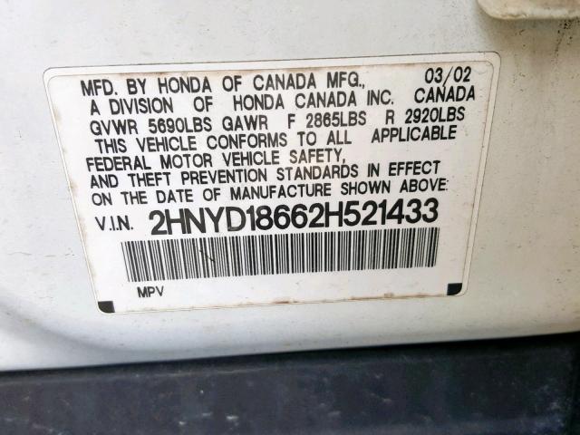 2HNYD18662H521433 - 2002 ACURA MDX TOURIN WHITE photo 10