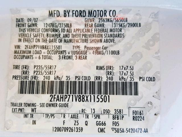 2FAHP71V88X115501 - 2008 FORD CROWN VICT WHITE photo 10