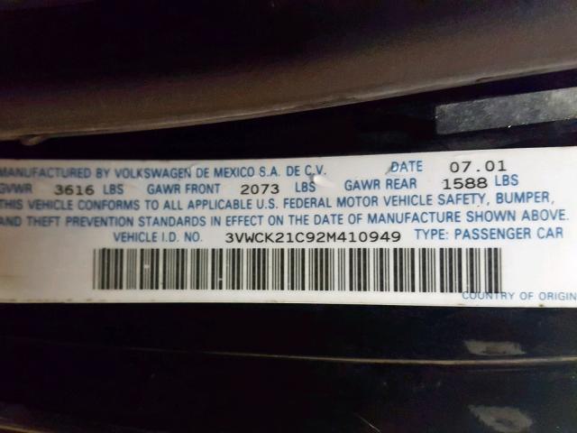 3VWCK21C92M410949 - 2002 VOLKSWAGEN NEW BEETLE Qara foto 10