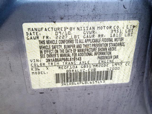 3N1AB6AP6BL619143 - 2011 NISSAN SENTRA 2.0 SILVER photo 10