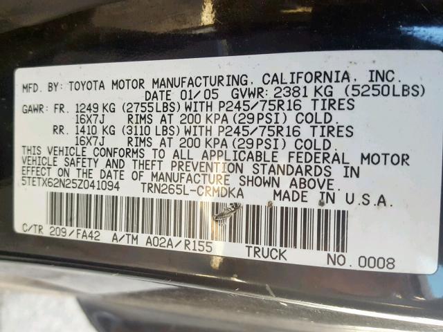 5TETX62N25Z041094 - 2005 TOYOTA TACOMA PRE BLACK photo 10