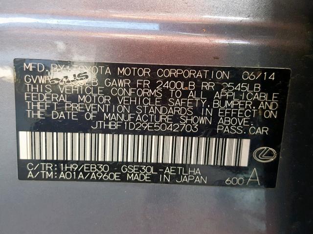 JTHBF1D29E5042703 - 2014 LEXUS IS 250 CHARCOAL photo 10