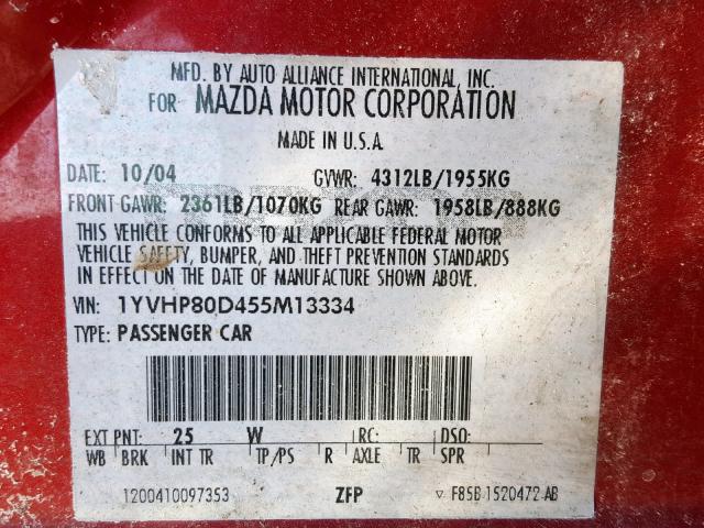 1YVHP80D455M13334 - 2005 MAZDA 6 S RED photo 10