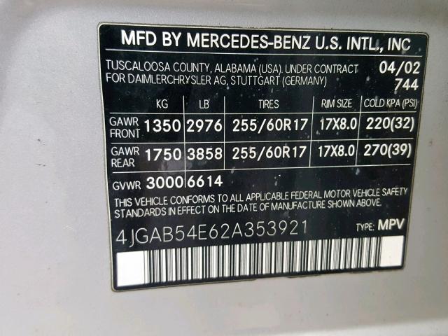 4JGAB54E62A353921 - 2002 MERCEDES-BENZ ML 320 SILVER photo 10