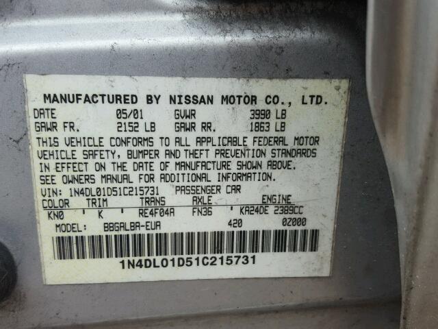 1N4DL01D51C215731 - 2001 NISSAN ALTIMA XE SILVER photo 10