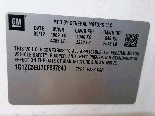 1G1ZC5EU7CF397840 - 2012 CHEVROLET MALIBU 1LT თეთრი ფოტო 10