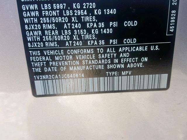 1V2NR2CA1JC540614 - 2018 VOLKSWAGEN ATLAS SEL Gümüş foto 10