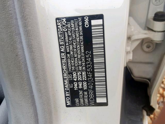 WDBRF40J34F533452 - 2004 MERCEDES-BENZ C 230K SPO WHITE photo 10