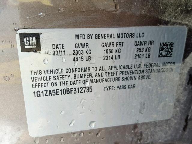 1G1ZA5E10BF312735 - 2011 CHEVROLET MALIBU LS GRAY photo 10