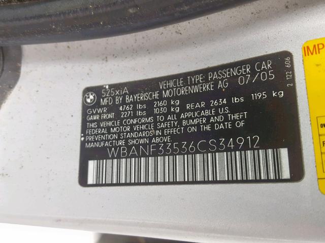 WBANF33536CS34912 - 2006 BMW 525 XI SILVER photo 10