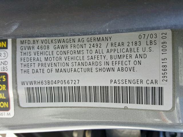 WVWRH63B04P056727 - 2004 VOLKSWAGEN PASSAT GLX 灰色 照片 10