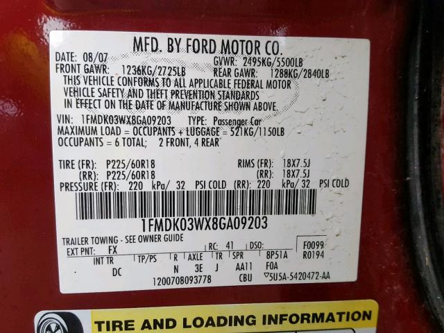 1FMDK03WX8GA09203 - 2008 FORD TAURUS X L BURGUNDY photo 10