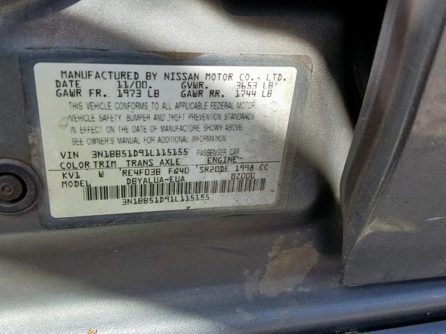 3N1BB51D91L115155 - 2001 NISSAN SENTRA SE GRAY photo 10