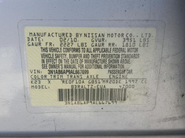 3N1AB6AP9AL667699 - 2010 NISSAN SENTRA 2.0 SILVER photo 10