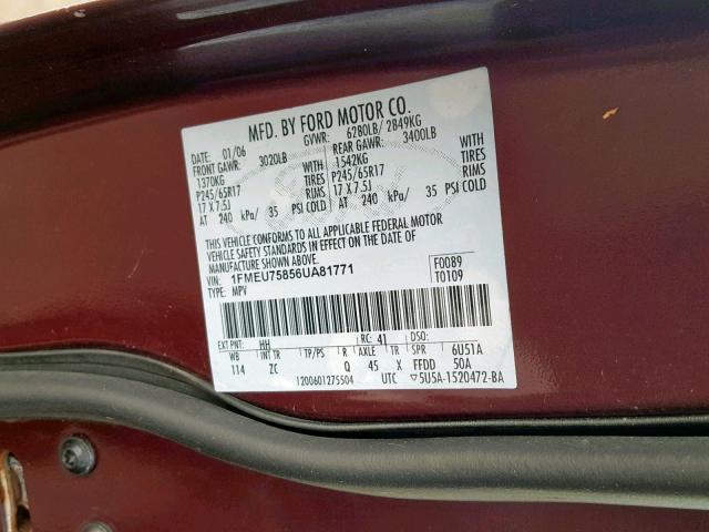 1FMEU75856UA81771 - 2006 FORD EXPLORER L BURGUNDY photo 10