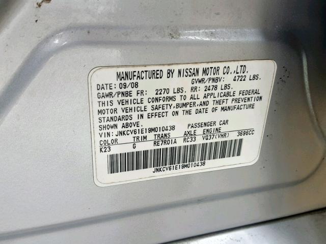 JNKCV61E19M010438 - 2009 INFINITI G37 BASE SILVER photo 10