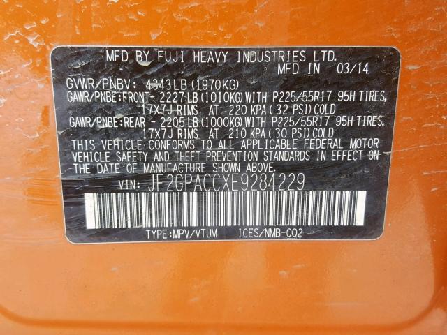 JF2GPACCXE9284229 - 2014 SUBARU XV CROSSTR ORANGE photo 10