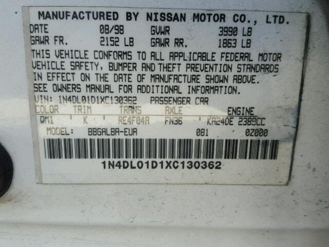 1N4DL01D1XC130362 - 1999 NISSAN ALTIMA XE WHITE photo 10