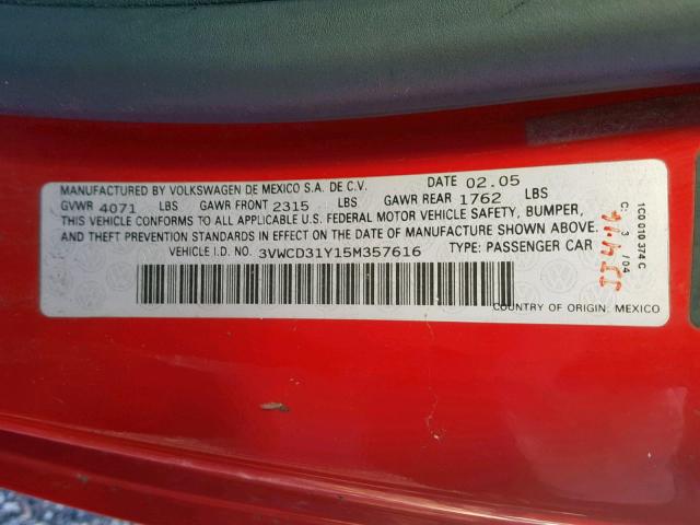 3VWCD31Y15M357616 - 2005 VOLKSWAGEN NEW BEETLE Rot Foto 10
