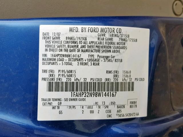 1FAHP32N98W144167 - 2008 FORD FOCUS S/SE BLUE photo 10