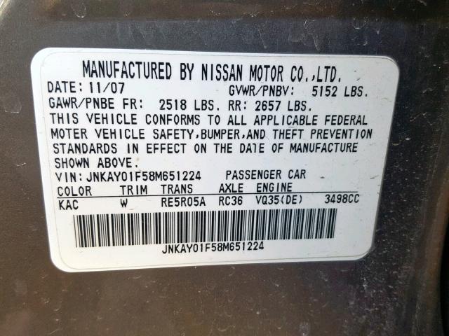 JNKAY01F58M651224 - 2008 INFINITI M35 BASE GRAY photo 10