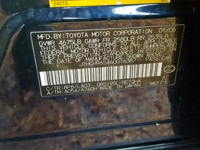 JTHCH96S460016387 - 2006 LEXUS GS 300 BLUE photo 10