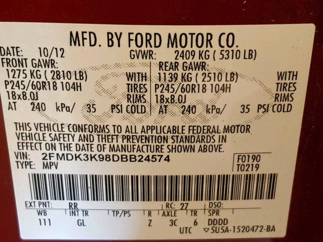 2FMDK3K98DBB24574 - 2013 FORD EDGE LIMIT BURGUNDY photo 10