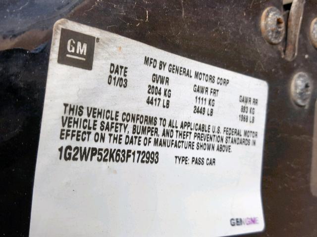 1G2WP52K63F172993 - 2003 PONTIAC GRAND PRIX BLACK photo 10