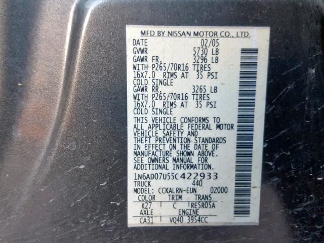 1N6AD07U55C422933 - 2005 NISSAN FRONTIER C CHARCOAL photo 10