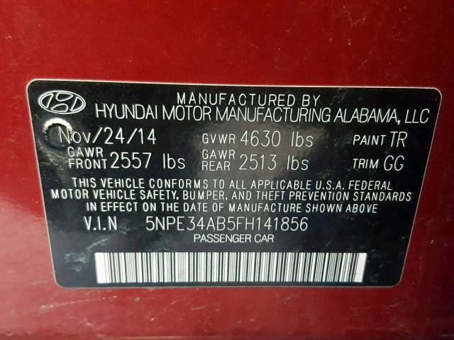 5NPE34AB5FH141856 - 2015 HYUNDAI SONATA SPO MAROON photo 10